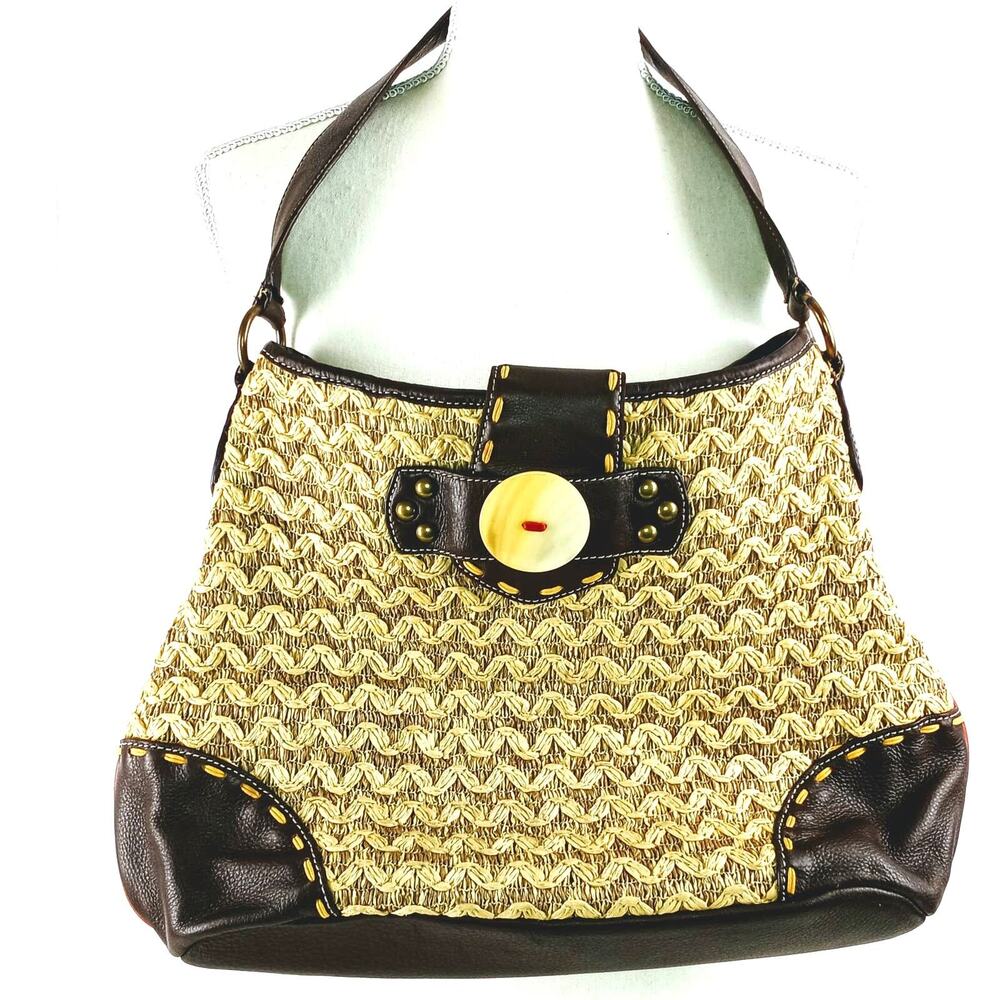 Kate Landry Woven Straw Handbag Brown Leather Trim Summer Boho Shoulder Bag